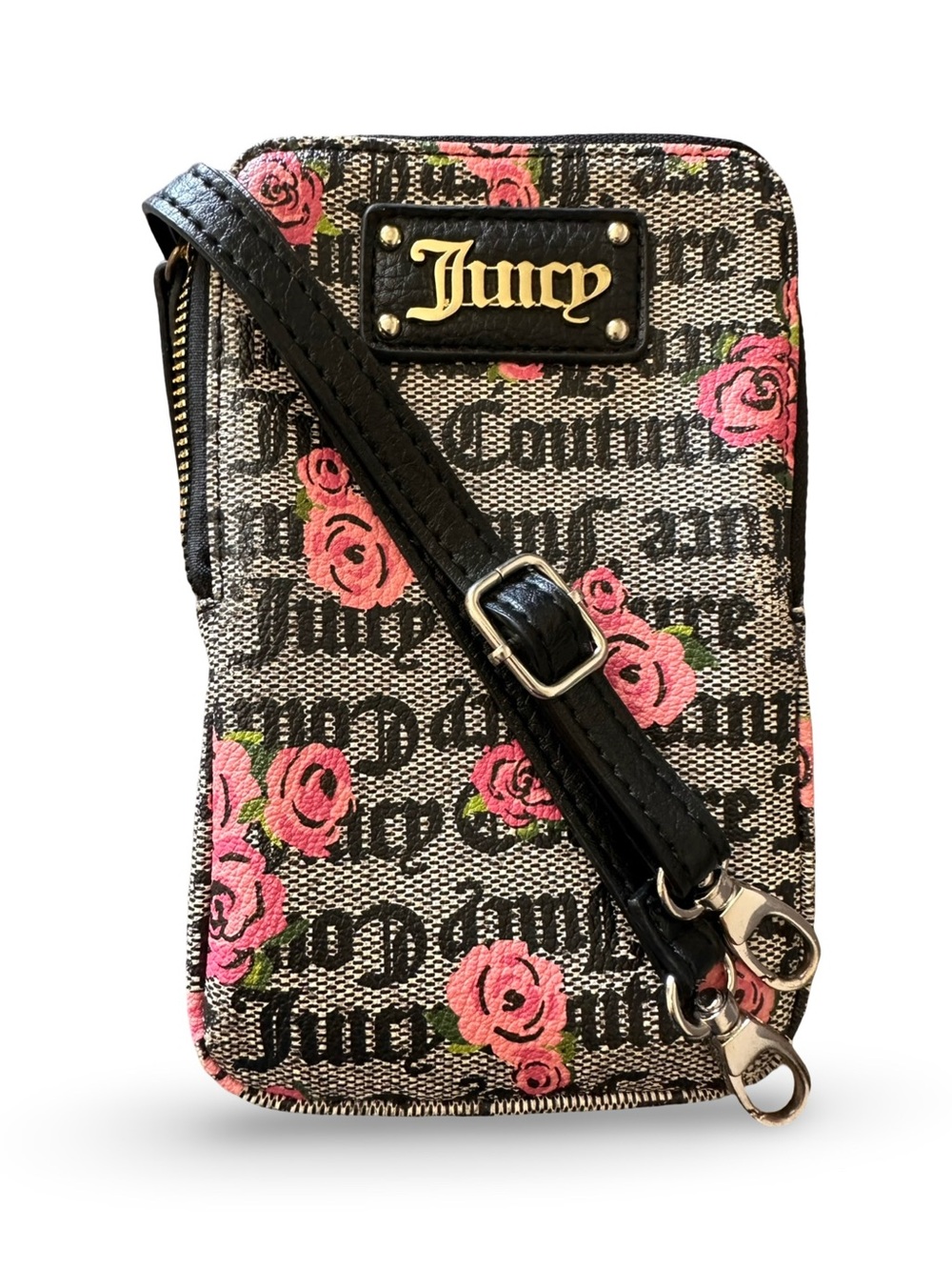 Juicy Couture Black & Pink Floral Logo Crossbody Phone Bag